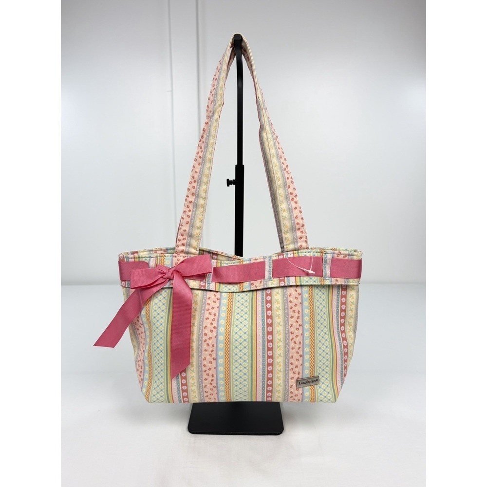 Vintage New Longaberger Spring Parade Tote Bag Pink Ribbon Stripe Canvas Floral